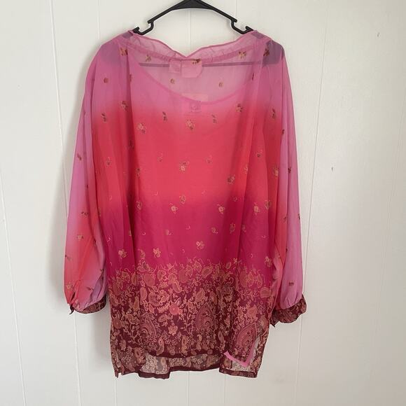 Adini 3X Boho Sheer Tunic Top Pink Ombre Floral Batik India Festival Hippie NWT - Picture 2 of 9